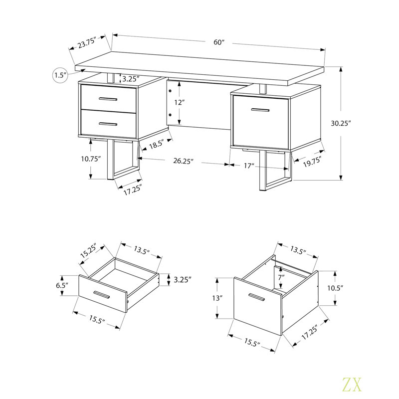 Bureau d'ordinateur, bureau personnel, ordinateur portable, installation à gauche, à droite, tiroirs de rangement, L 60 po, travail, stratifié, métal, contemporain, moderne
