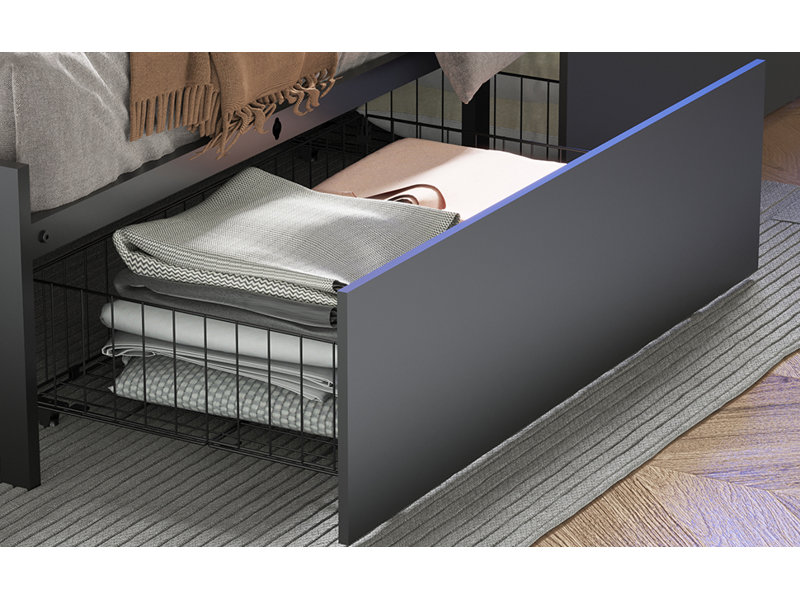 Taille du cadre de lit avec tête de lit de rangement et 4 tiroirs, lit plateforme tapissier avec station de charge et lumière DEL, support de cadre robuste, aucun sommier nécessaire, silencieux