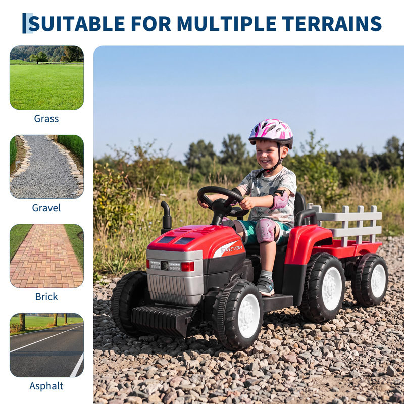 Tracteur électrique pour enfants 12 V avec remorque et télécommande, double moteur 35 W, Bluetooth, vitesse 4,5 km/h, rouge