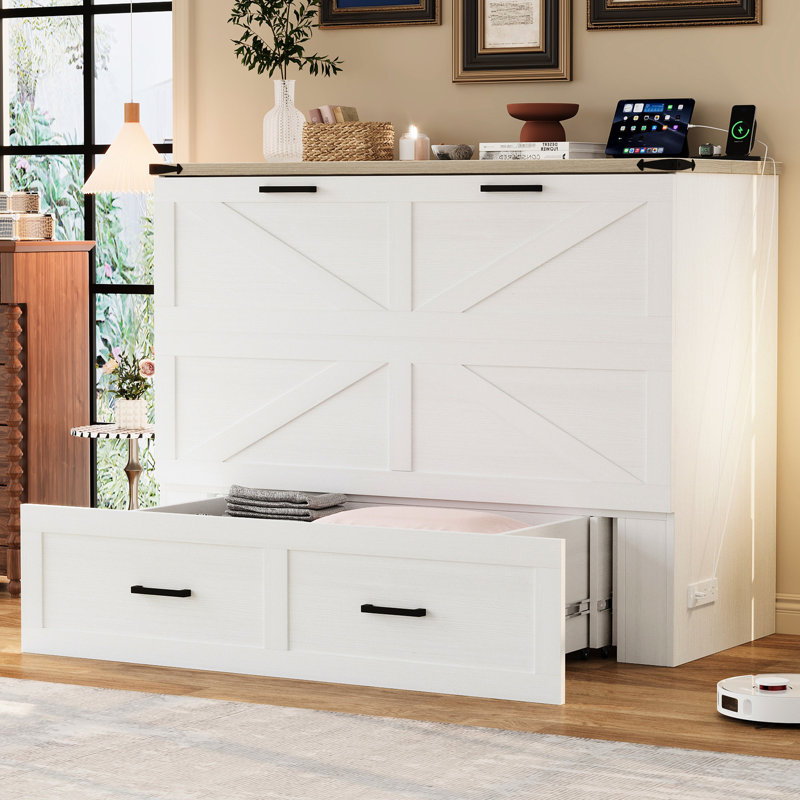 Lit armoire blanc avec ustensiles de chargement et grand espace de rangement, plateforme pliable pour chambre à coucher compacte