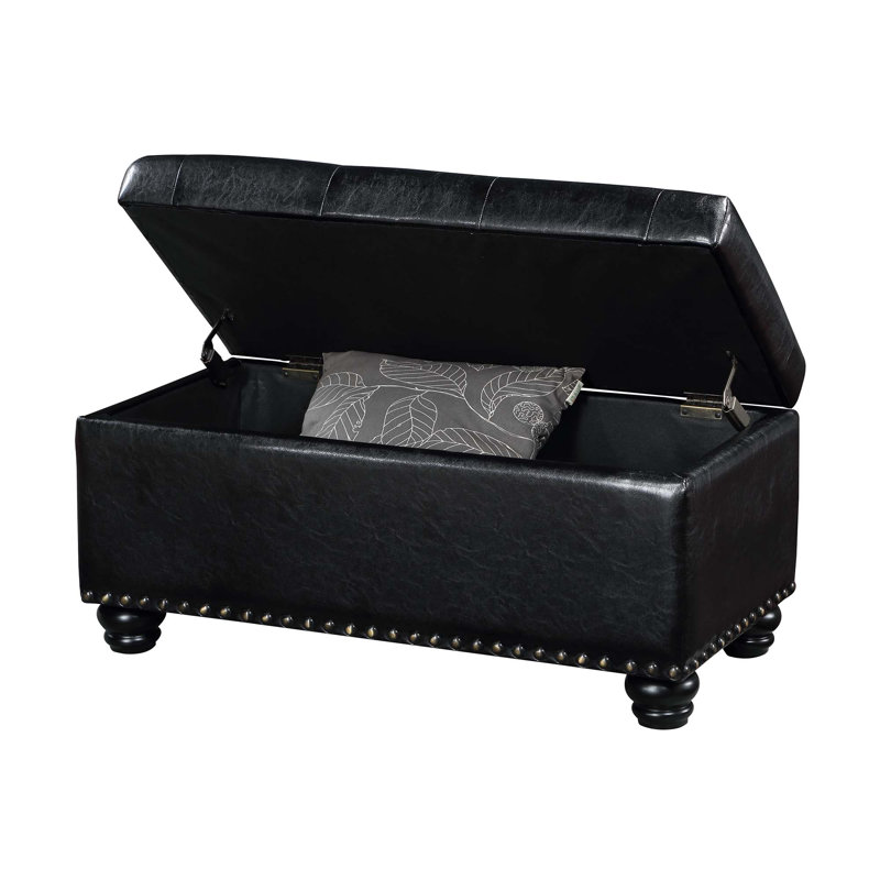 Repose-pieds capitonné rectangulaire avec rangement 35,5 po Alease, Similicuir noir