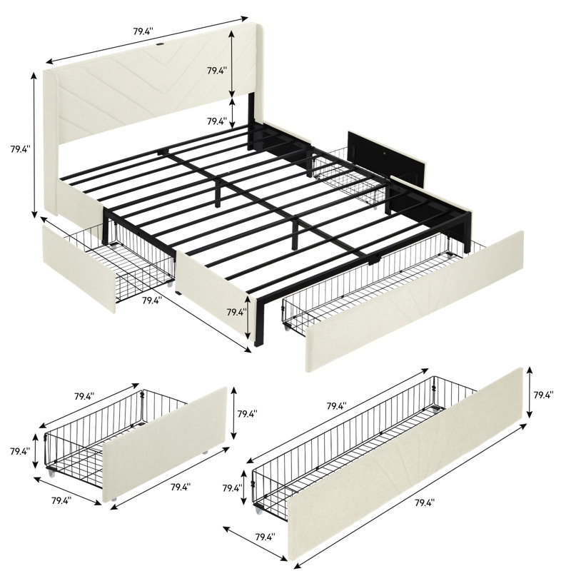 Bed Frame with Headboard and 3 Storage Drawers, Upholstered Platform Bed with Charging Station, Steel Slat Support, No Box Spring Needed, Easy Assembly