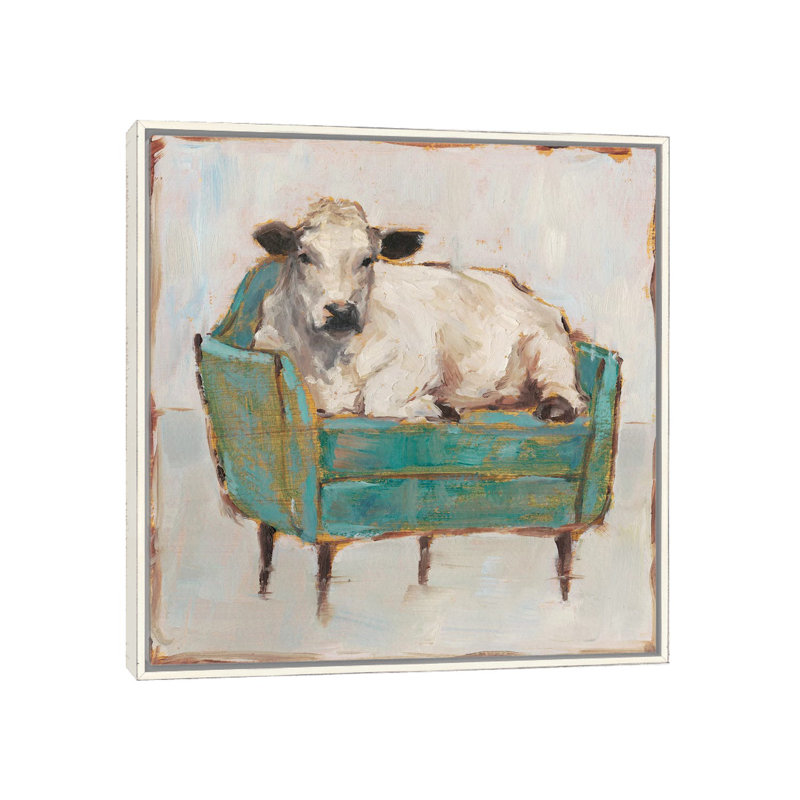 «Moo-ving in I» par Ethan Harper - Peinture, H 18 po x l 18 po x P 1 po, Encadrement blanc vieilli