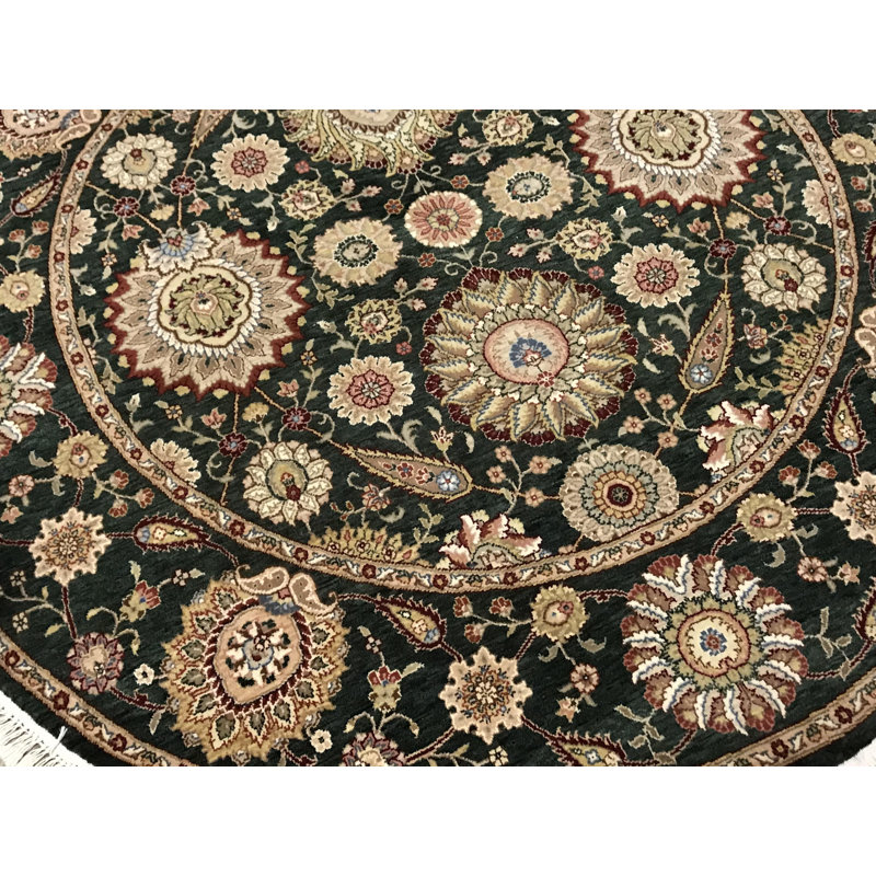 Hand-Knotted High-Quality Dark Green Round Area Rug