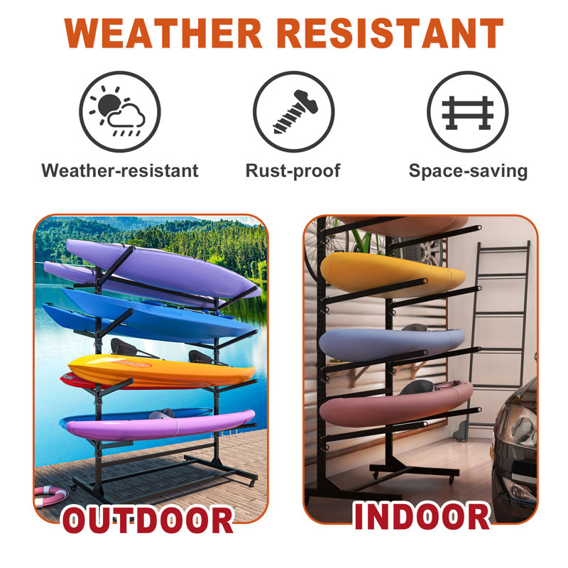 Support de rangement autoportant pour kayaks et canoës à 4 niveaux avec accoudoirs latéraux, cadre très résistant aux intempéries, H 82 po, noir