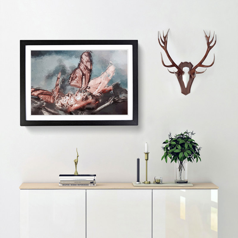 Pink Butterflies in Abstract - Framed Print, 35cm H x 50cm W x 2cm D, Black