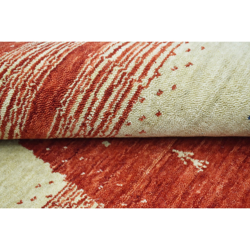 Hand Knotted Wool Striped Area Rug in Red/Beige, Runner 2'6" x 12'