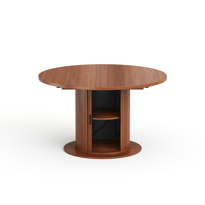 47-63" Extendable Dining Set, Rattan Velvet Cantilever Chairs, Round To Oval Table With Storage Pedestal & Sliding Doors, 2 Leaves