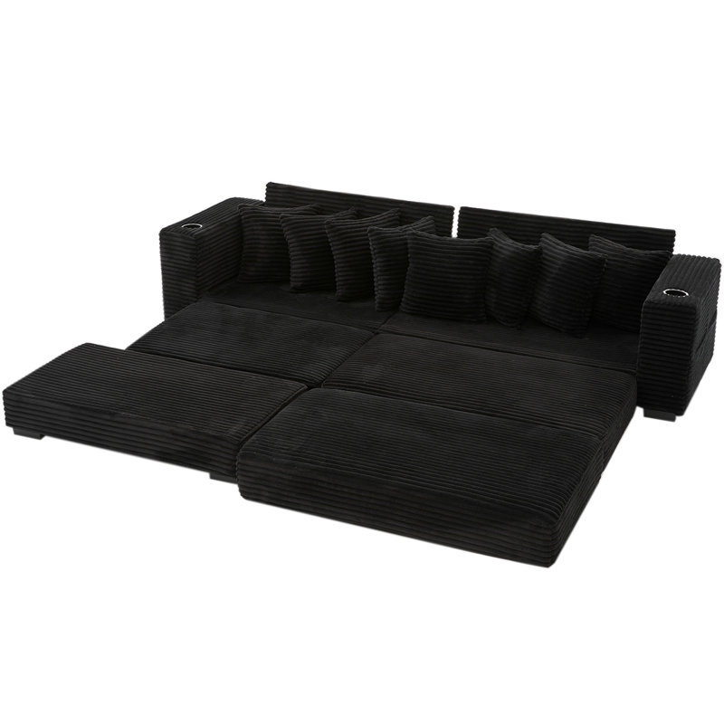110.75" Modular L Shaped Sofa, Corduroy Fabric Sectional Couch,With A Movable Footstool, Cup Holders,Bring 8 Throw Pillows,Side Pocket,Unfold Into A Bed