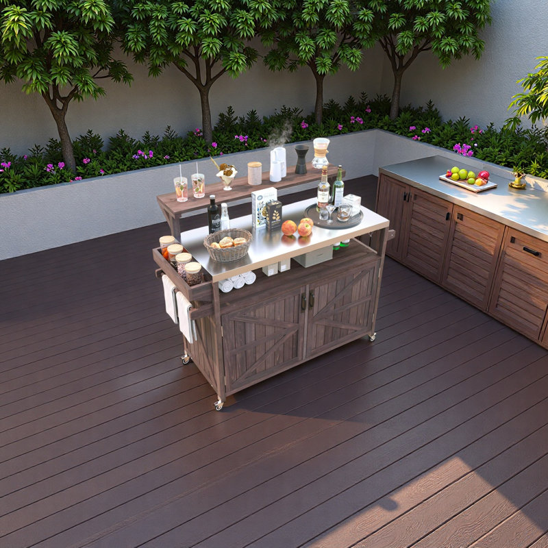 Outdoor Kitchen Island Bar Table With Raised Shelf And Storage Rack, Brown