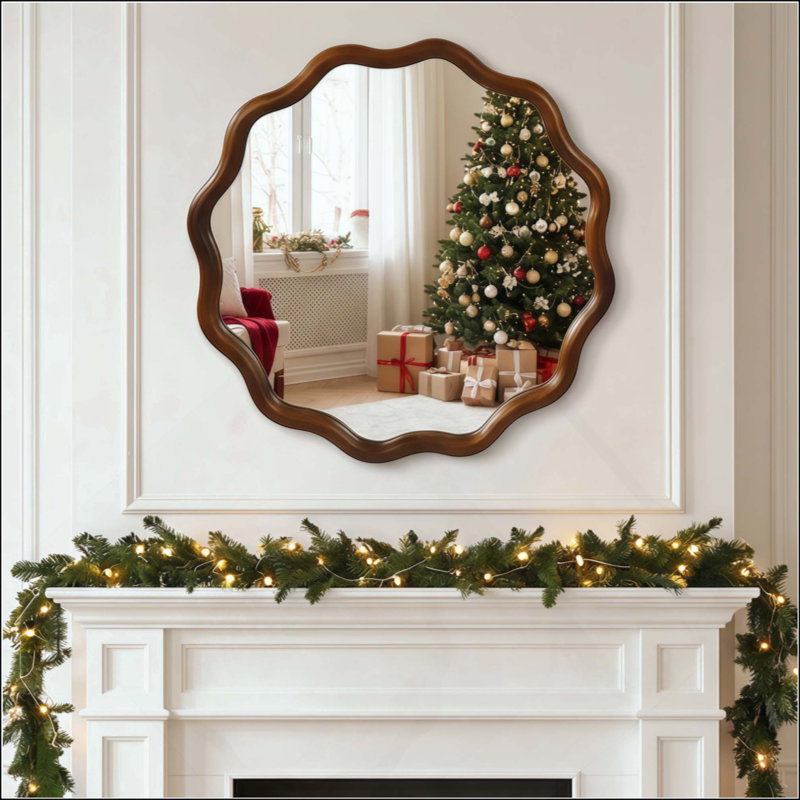 Miroir décoratif rond ondulé avec cadre en bois massif, miroir mural pour chambre à coucher, salle de bain, salon et entrée