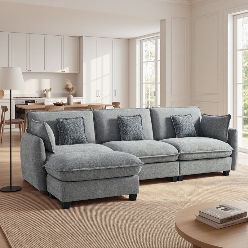 Canapé modulaire surdimensionné surdimensionné, canapé modulaire 3 places en L avec repose-pieds, Tissu gris