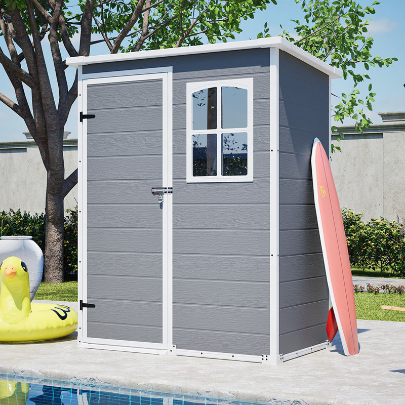 Remise de rangement extérieure en résine de 5 x 3 pi avec plancher, conception verrouillable imperméable et fenêtre pour le jardin et le rangement des outils