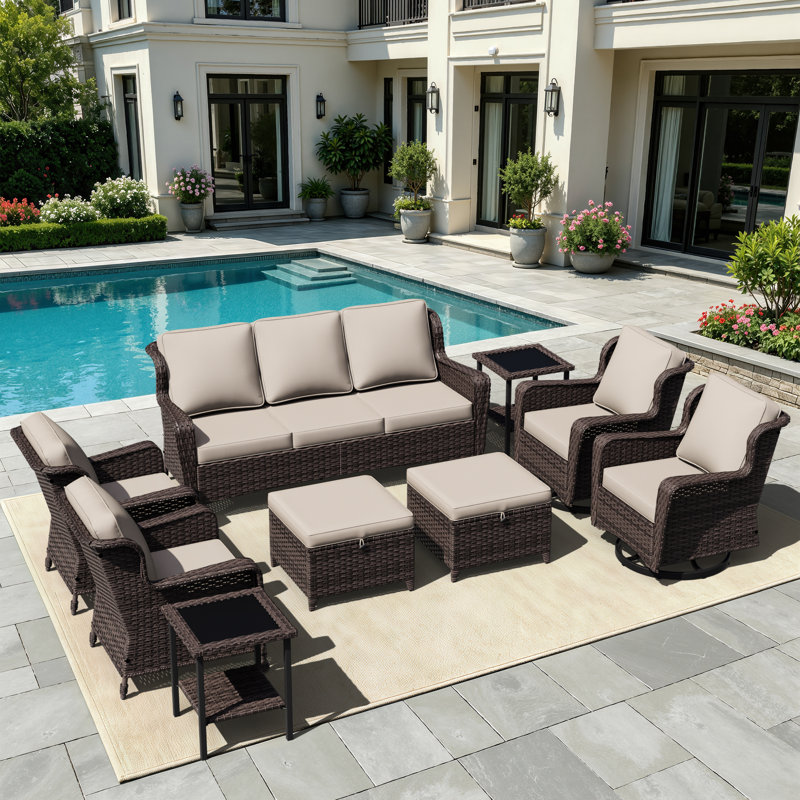 Ensemble de chaises pivotantes pour l'extérieur en rotin pour 9 personnes avec coussins beiges, Beige