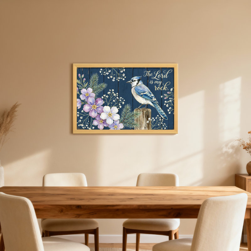 Blue Jay Flowers Wood Background Scripture, Wrapped Canvas, Does Not Apply, 20" H x 30" W
