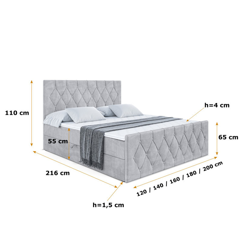 Ashanty Bed with Mattress, Light Grey, 200 x 200cm