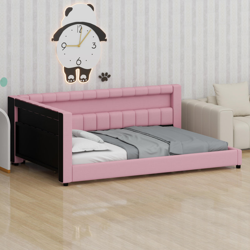 Lit rembourré intelligent à profil bas avec concentrateur USB connecté et ceinture lumineuse décorative, Rose