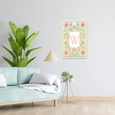 Pink Floral Letter W Elegant Vintage Abstract Dragonfly Flower Nature Wall Art Print 1 Piece Wrapped Canvas Wall Art