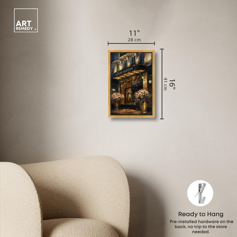 «Elegant Night Storefront» par Art Remedy, H 16 po x l 11 po, Reproduction encadrée sans passe-partout, Doré