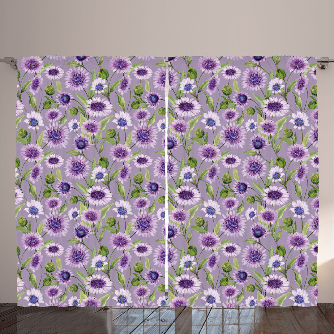 Rustic curtain, spring meadow, chamomile art, flowers, purple purple green