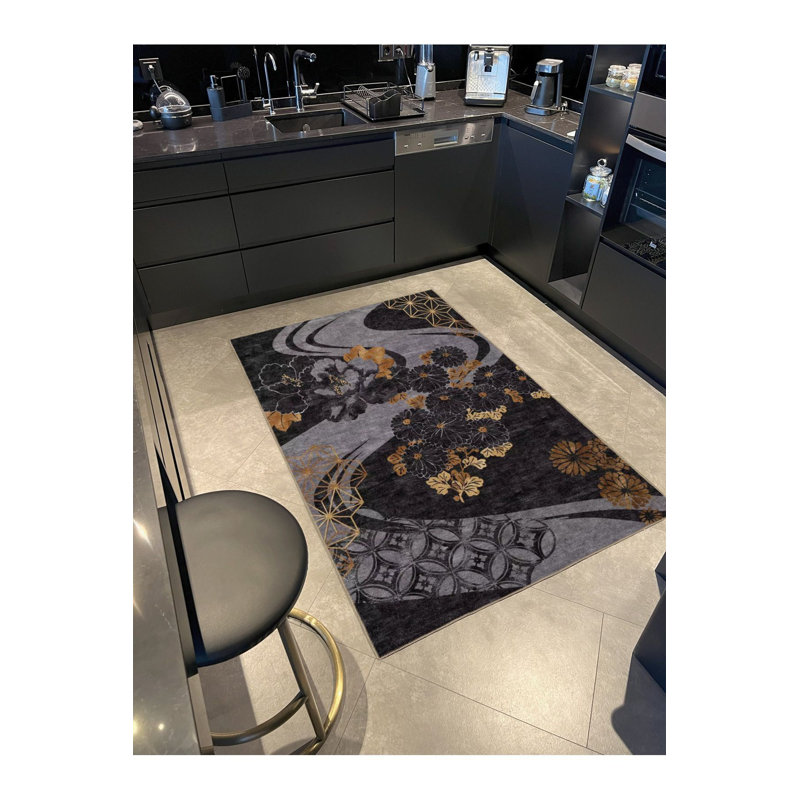 Tapis décoratif route et floral noir, Sous-tapis rectangulaire de 3 pi 3 po x 4 pi 11 po