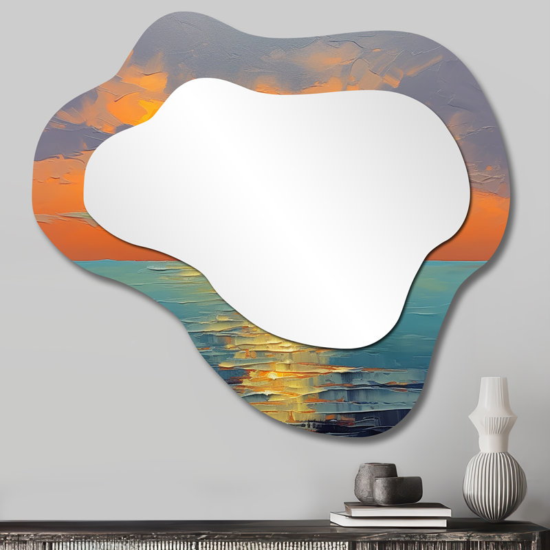 Coastal Serenity Orange Sunset Blue Serene Waves - Sunset Cloud Large Wall Mirror, Traditional Asymmetrical Unique Mirror, Printed Metal Art