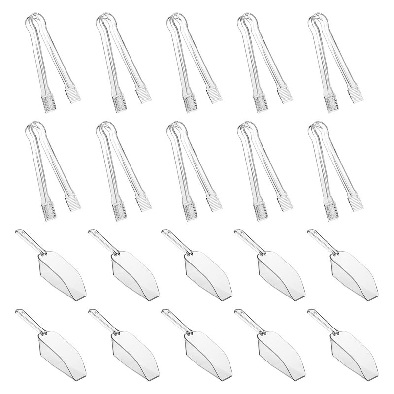 20 PCS Combo Pack 10 mini pinces de service en plastique et 10 cuillères à glace transparente pour buffet de bonbons