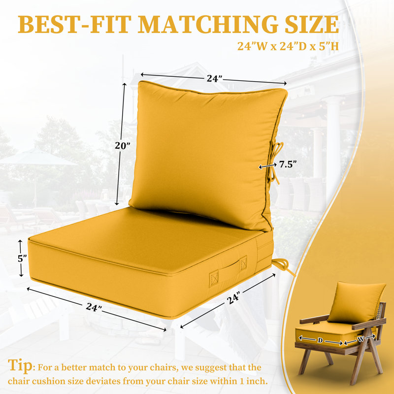Outdoor Deep Seating Cushion Set Indoor And Outdoor Seat / Back Cushion, Yellow, 24" W x 24" D