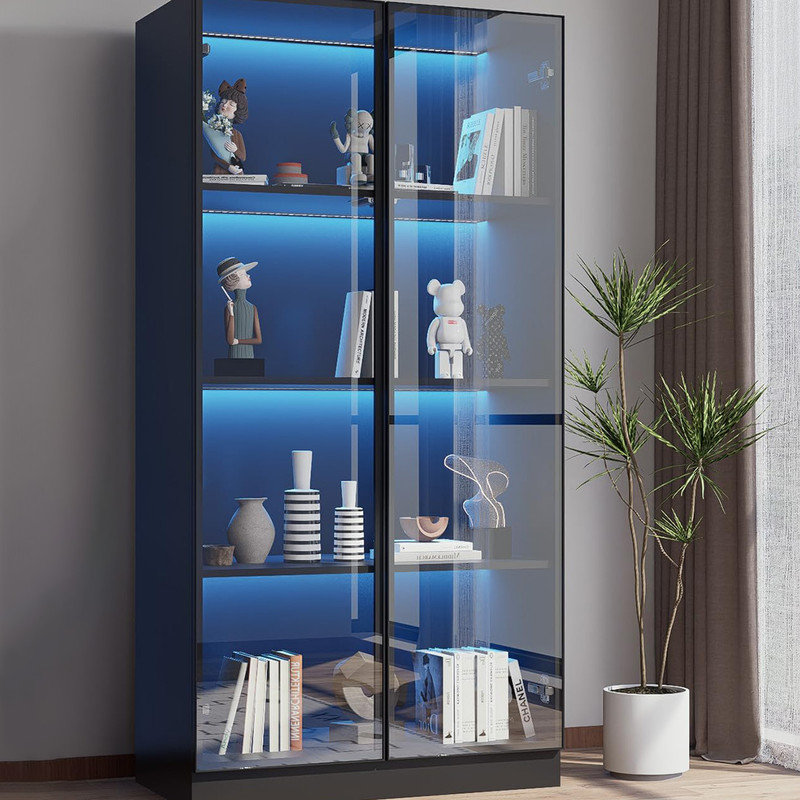 Black Glass Curio Cabinet with Adjustable LED Lights