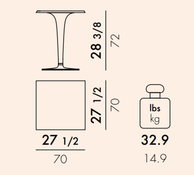 Top Top Coffee Table, 28.5" H x 24" L x 24" W, Aluminum Melamine