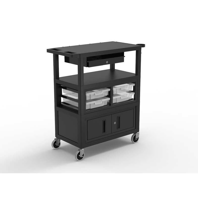 Black Adjustable Height Steel AV Cart with Pullout Keyboard Tray