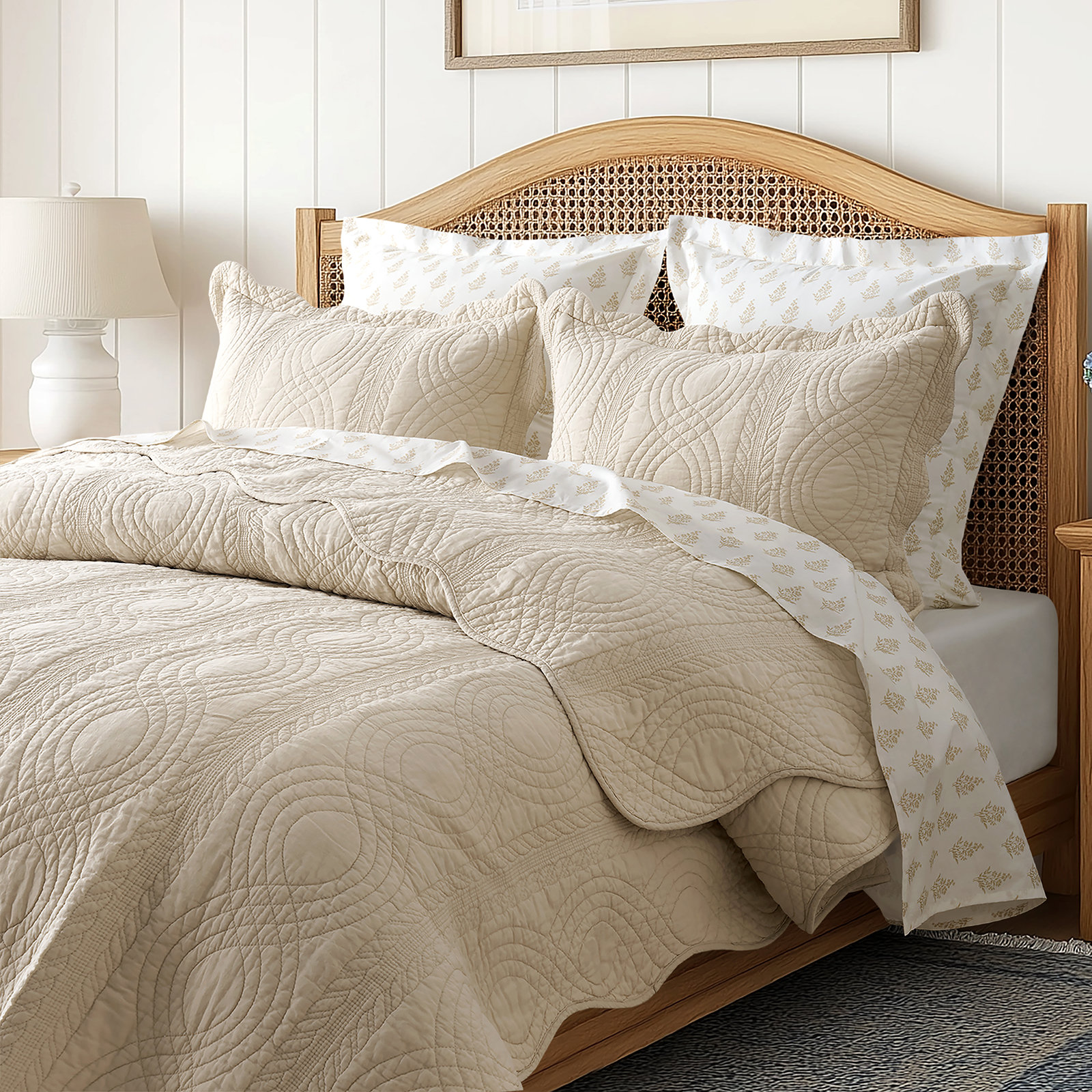 Cotton Quilt Set, Queen Quilt + 2 Queen Shams, Flax Beige