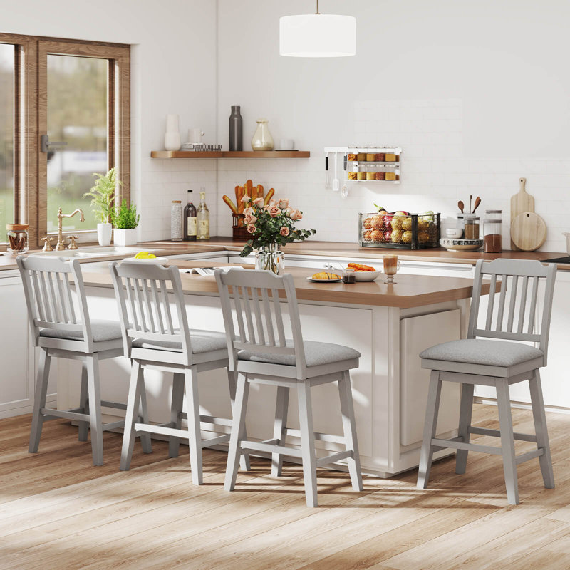 25" Counter Height Bar Stools with Slatted Back Padded Seat & Footrest, 2
