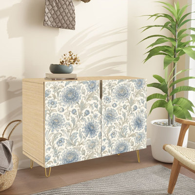 Buffet Buffet avec rangement Chrysanthème bleu floral rétro avec 2 portes pour le salon et la cuisine