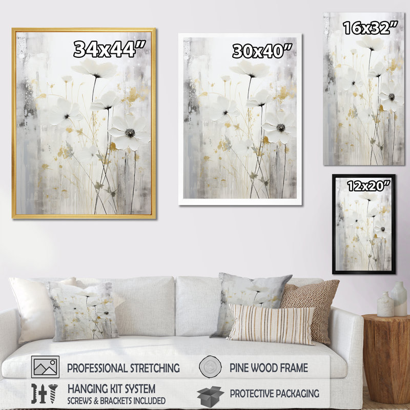 «Gray and White Herbs Minimal Harmony I», reproduction d'art sur toile, H 32 po x l 16 po x P 1 po, Cadre simple noir