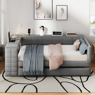 Full Size Upholstered Platform Bed With Gray Upholstery, Built - In Storage, Desk, Charging Ports And Trundle For Space Saving Bedroom Storage Shelves, 2 Standard Plug Outlets Multi Purpose