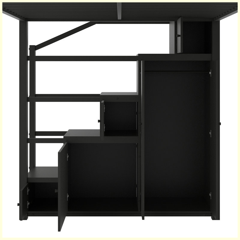 Lit mezzanine moderne en métal avec tablettes de rangement, armoires et garde-robe