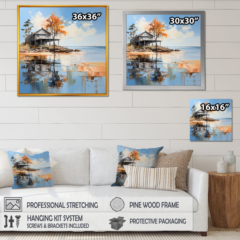 «Lakehouse Summer Charm Beach», reproduction sur toile, Cadre flottant blanc, 30" H x 30" W