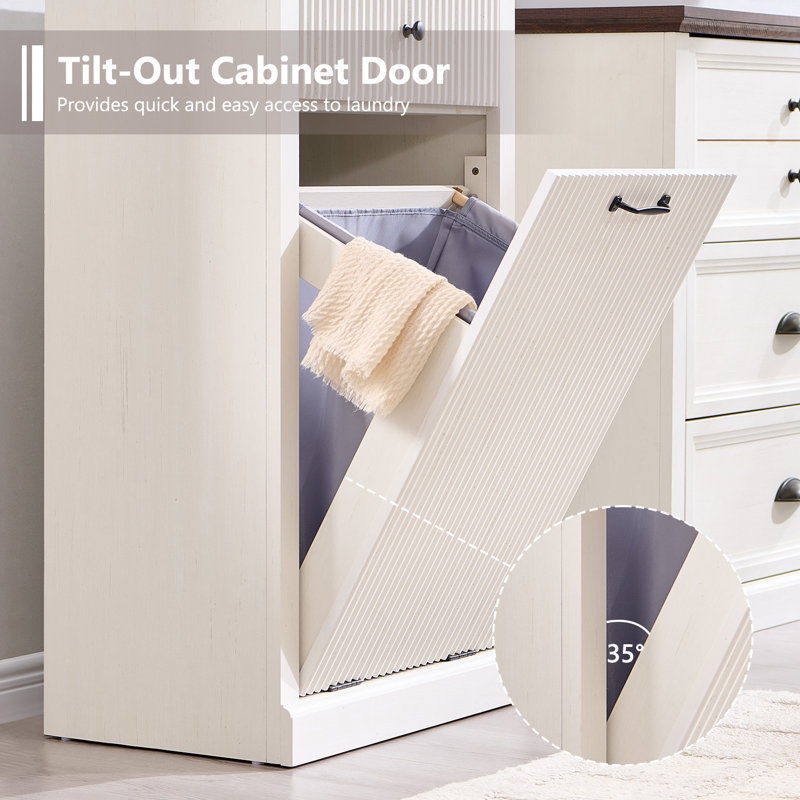 Armoire à paniers à linge avec tiroirs, panier à linge cannelé pour salle de bain Modern, Blanc, Une seule porte