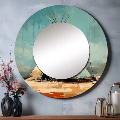 Turquoise Beige Native Tipi Whispers Of Spirit - Native American Round Mirror Wall Decor