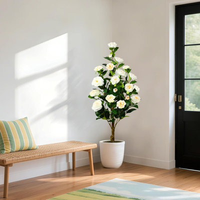 2 Pack 36''(3ft) Artificial Camellia Tree With 16 Blooming White Flowers,Fake Camellia Tree With Flower Pots,Artificial Flower Trees For Outdoor Office Home Porch Decor,3 Feet,White