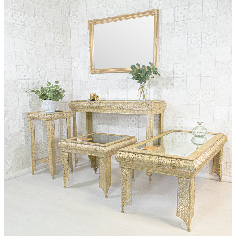 Muhja Embossed Metal & Glass Moroccan Style Lamp Plant Table, Gold