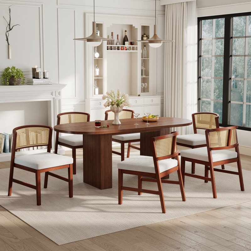 Ensemble de table ovale Modern Farmhouse et chaises en rotin 4/6, plateau en marbre blanc / chêne / noyer et structure en noyer, ensemble de table pour la salle à manger et la cuisine