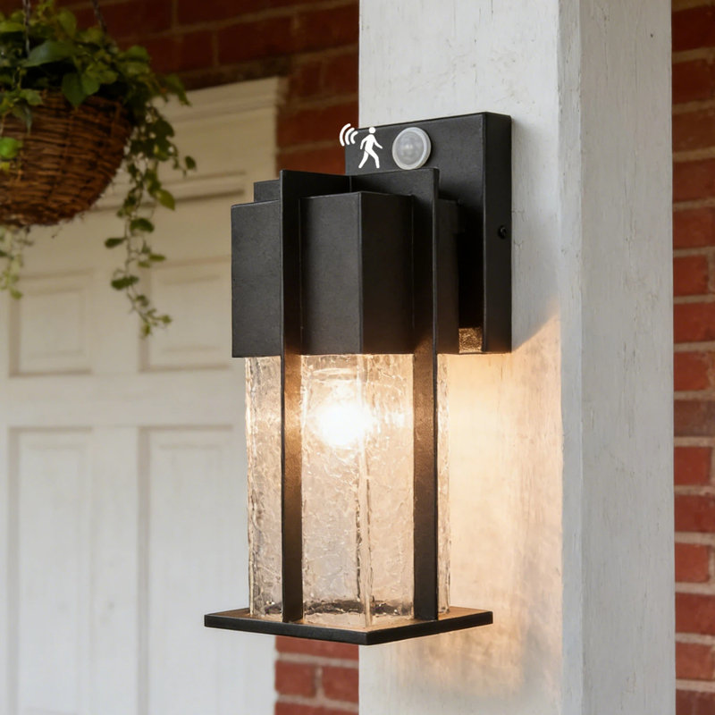 Motion Sensor Porch Light Modern Outdoor Wall Lighting with Crackle Glass