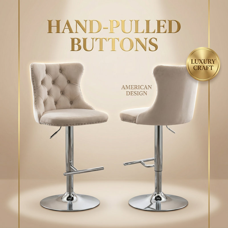 Ensemble de 2 tabourets de bar rotatifs modernes en velours avec dossier chromé à hauteur ajustable, Beige