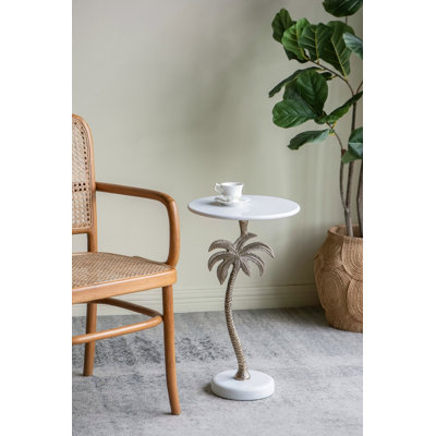 Table d'appoint ronde 14 po x 14 po x 24 po avec plateau en marbre blanc et palmier doré