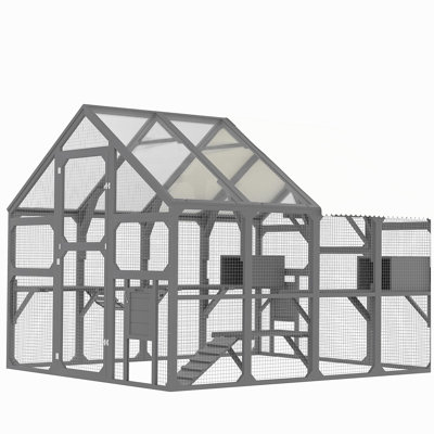 Grand enclos extérieur pour chat pour plusieurs chatons, maisonnette en bois pour chat avec 7 plateformes, 2 boîtes de repos, 1 pont et 1 rampe, cage de cage pour chat avec toit Sunshine Board, gris