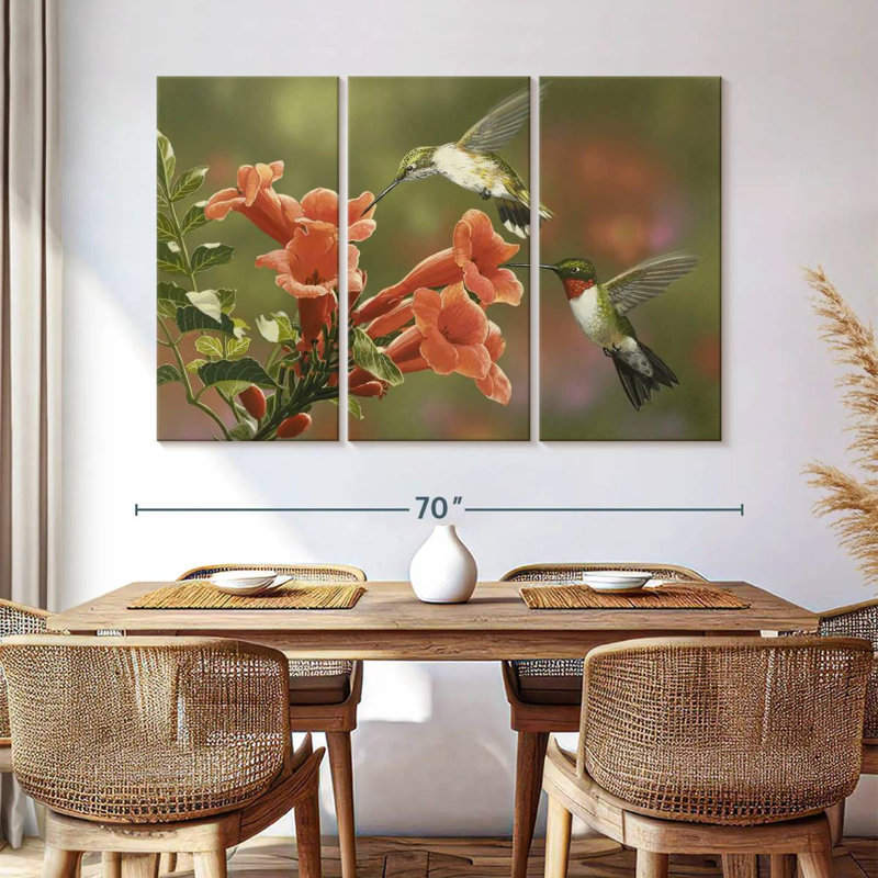 Hummingbirds And Trumpet Flowers, 42" H x 65" W