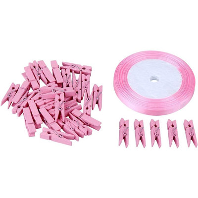 100 mini pinces à linge en bois roses avec ruban de 25 verges - pinces à photo de 1,4 po pour artisanat et décorations