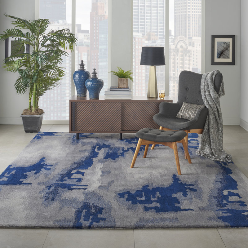 Tapis bleu moderne fait à la main, Rectangle 8 pi 6 po x 11 pi 6 po